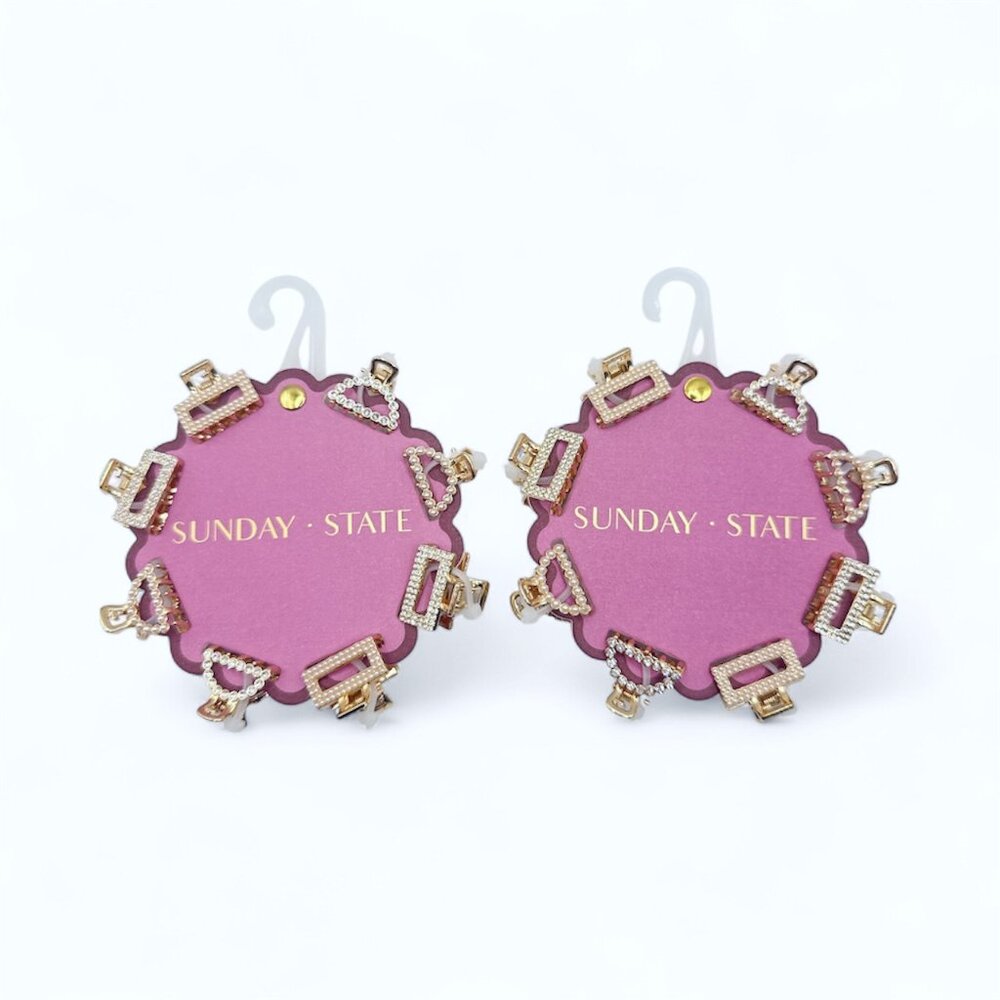 NEW 2x Sunday State - Pearl & Rhinestone Embellished Mini Claw Clips Gold/White